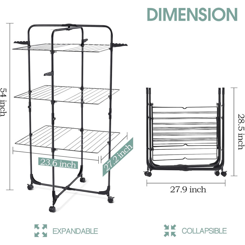 Rebrilliant Clothes Drying Rack 3 Tier Collapsible Laundry Rack Stand Garment Drying Station With Wheels And 4 Hooks Indoor Outdoor Use For Bed Linen Clothing Socks Scarves Black Wayfair